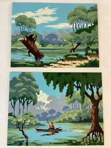 Vtg Paint By Number Set of 2 Swamp Landscape Bayou Fisherman MCM Wall Art 15x12" - Picture 1 of 22