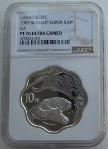 NGC PF70 China 2009 Lunar Zodiac Ox Year Scallop Silver Coin 1oz 10 Yuan - Picture 1 of 2