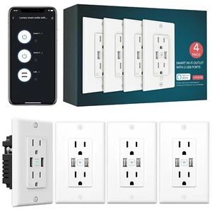Smart Outlet with USB & Voice Control for Effortless Home Automation - 4 Pack - Picture 1 of 11