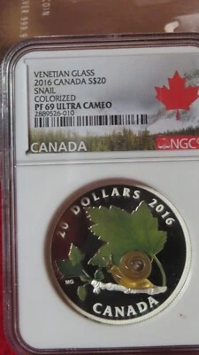 2016 Canada $20 1 oz Venetian Murano Glass Snail Colorized Silver Coin NGC PF69 - Image 1 of 4