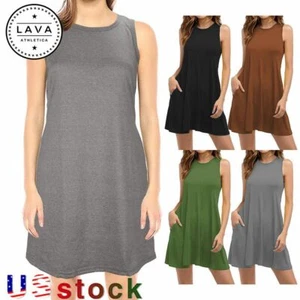 Women Sleeveless Casual T Shirt Dress Pocket Swing Beach Loose Tank Dress Top - Picture 1 of 16