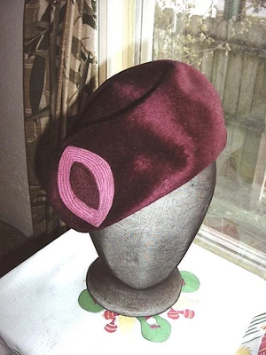 Vintage 40s Magenta Velour Hat Pink Trim - Image 1 of 4