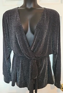 H&M 3X schwarz silber schimmernd Abend Faux Wickel Schößchen Top Bluse LS Bindegürtel - Bild 1 von 5