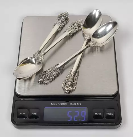 4 Wallace Grande Baroque Sterling Demitasse Spoons Antique Silver Cover
