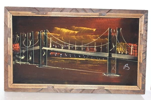 1930er 13"x22" gerahmte Oakland Bay Bridge - San Francisco Öl auf Samt signiert B - Bild 1 von 19