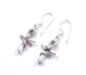 Damen Ohrringe Ankh Kreuz Schlange 925 Sterling Silber Ohrhänger - Bild 1 von 8