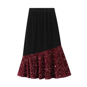 Damen Pailletten Samt Fischschwanz Rock Pleuche Spleiß Halb Kleid Midi Elegant Sexy - Bild 1 von 9