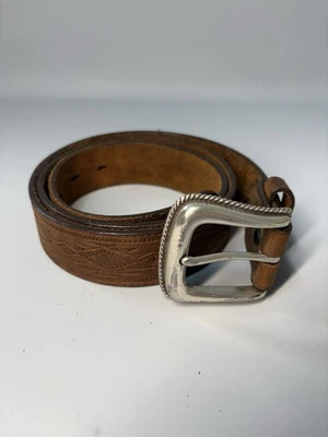 复古 Tony Lama 皮带棕色皮革美国西部银色扣子工具 80 年代 — 第 1/4 张图片