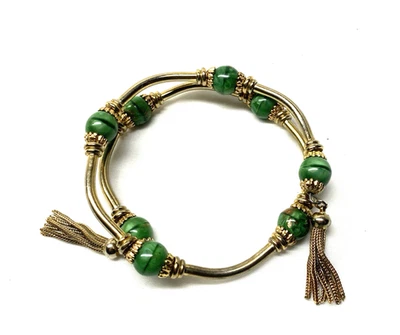 复古记忆丝手链 (Miriam Haskell?) 巴洛克绿色玻璃珠流苏 — 第 1/4 张图片