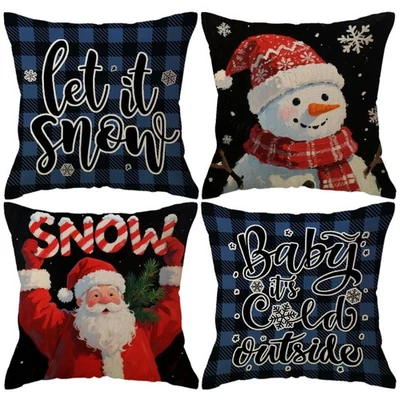 4pack Winter Snow Throw Pillow Case Buffalo Check Plaid with Snowman Santa Cu... - Image 1 of 4