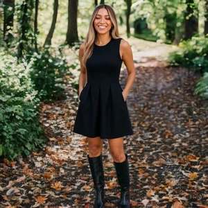 Mini Vestido Theory Adison de Lana Calce y Acampanado Sin Mangas Plisado Bolsillos Preppy - Imagen 1 de 10