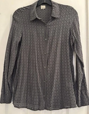 Ecru 100% Silk Laser Cut Size XS Gray Long Sleeve Button Up Blouse - Image 1 of 4