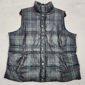 Lands' End Vest Womens 1X Green Navy Tartan Plaid Down Puffer Quilted Snap Front - Picture 1 of 13