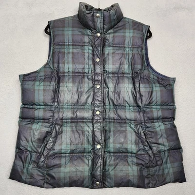 Lands' End Vest Womens 1X Green Navy Tartan Plaid Down Puffer Quilted Snap Front - Image 1 of 4