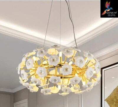 Modern Round Shape Ceramic White Flower, 8-Light Sputnik Chandelier - Image 1 of 4