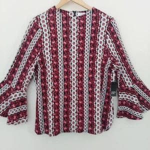 Top Crown & Ivy Manga Campana Larga Mujer Talla PXL Rojo Azul Floral Cuello Redondo Nuevo con Etiquetas - Imagen 1 de 10