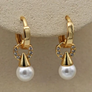 18K Yellow Gold Filled Clear CZ & 6mm White Pearl Huggie Hoop Dangle Earrings - Picture 1 of 8