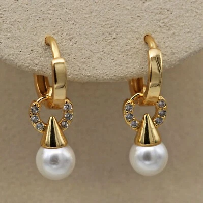 18K Yellow Gold Filled Clear CZ & 6mm White Pearl Huggie Hoop Dangle Earrings - Image 1 of 4