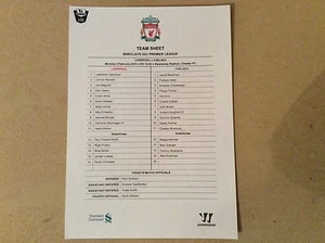 Liverpool Under 21s v Chelsea Under 21s 2014-15 Teamsheet - Picture 1 of 1