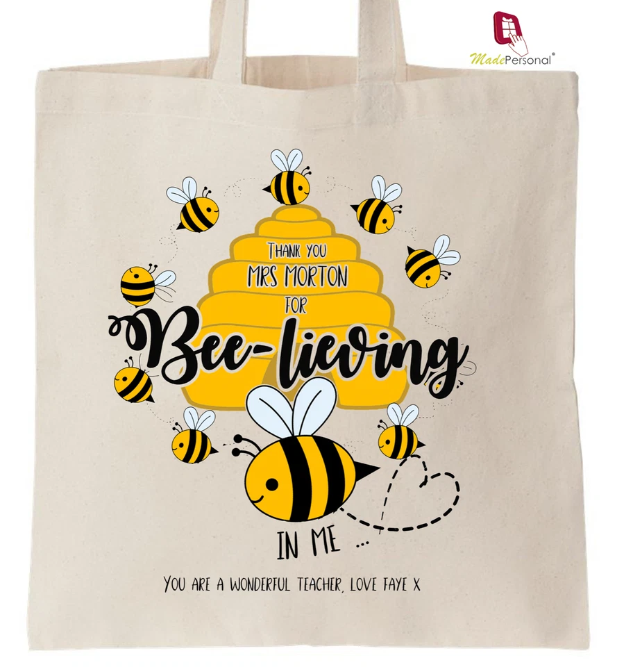 PERSONALISED Thank You Teacher School Gift Cotton Tote Bag- CUTE BEE-LIEVING - Image 1 of 1