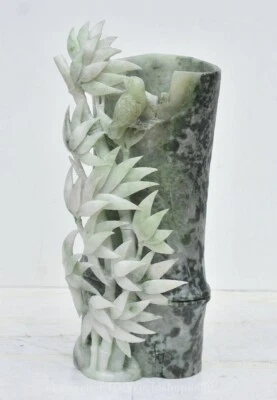 Jarrón lápiz 8,8" China Natural Dushan Jade Tallado Bambú Pájaros Estatua Cepillo Olla Foto 1 de 4