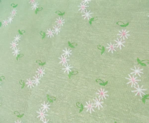 Vtg Mint Green Sheer Flocked Fabric-Tiny White Daisies/Pink Centers-73" Lx 44" W - Picture 1 of 7