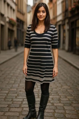 Allison Brittany Knit Sweater Dress S/M Black Gray Striped Casual  Minimalist - Image 1 of 4