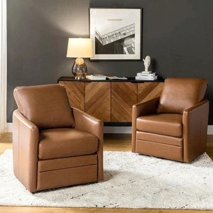 Rosario 30 in. Camel Faux Leather Swivel Arm Chair with Cushion (Set of 2) - Picture 1 of 9