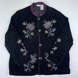 Vintage weißer Hirsch Damengröße Large Chenille Blumen asiatisch bestickt Jacke - Bild 1 von 3