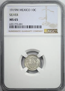 1919 M Mexico Silver 10C Centavos NGC MS65 - Picture 1 of 5