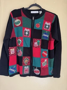 Victoria Jones Vintage 90s Ugly Christmas patchwork 3D beaded sweater cardigan M - Picture 1 of 10