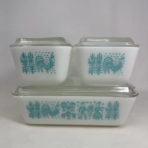 Vtg Pyrex Amish Butterprint Refridgerator Set 501 502 503 w/ Lids Blue Turqoise - Picture 1 of 24