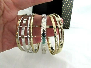 Silver and Gold Tone Set of 7 Bangle Rhinestone & Hammered Design Bracelets NIB - Picture 1 of 8