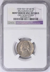 1939 Reverse Of 40 Jefferson Nickel CURVED CLIP ERROR/VARIETY Rippere Collection - Picture 1 of 2