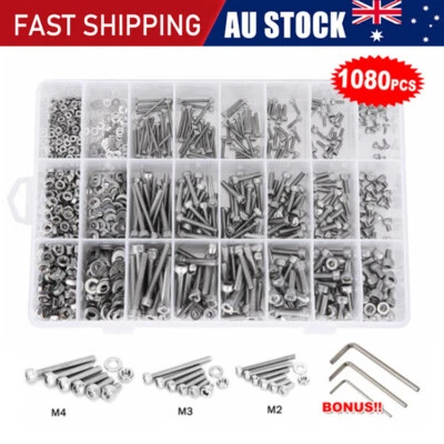 1080pcs M2/M3/M4/M5 Stainless Steel Bolts Nuts Screws Hex Head Assorted Kit Set - image 1 of 4