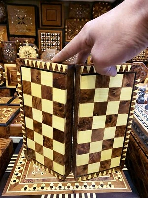 2 in1 Antique Mini Backgammon Chess Set Moroccan handmade Rare Wooden Set Board - Image 1 of 4