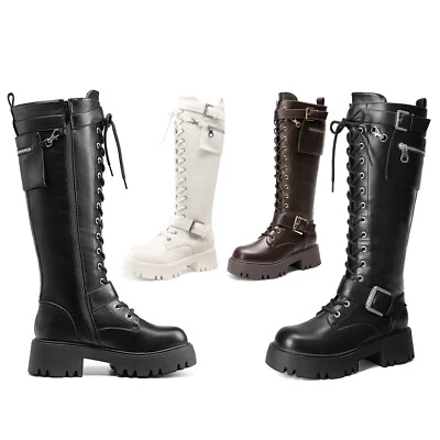 Mujeres Botas hasta la rodilla Combate Con cordones Otoño Suela Gótico Botas de Motocicleta Foto 1 de 4