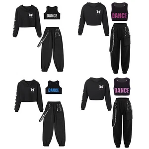 Girls Outfit Letter Print 3 Piece Yoga Set Jogging Tops With Trousers Fitness - Picture 1 of 48