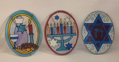 "Juego de 3 paneles colgantes de vitrales de metal Hanukkah hechos a mano con plomo 5 1/3"" x7" Foto 1 de 4