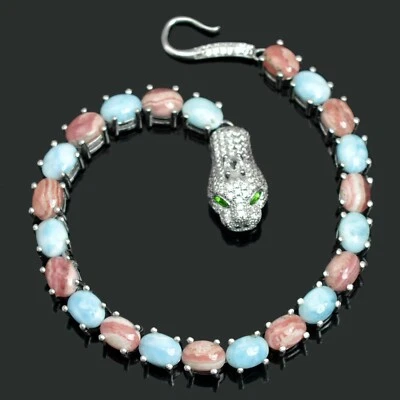 Brazalete Cobra Plata de Ley 925 Piedras Preciosas Larimar Natural y Rodocrosita Foto 1 de 4