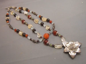 Carnelian Citrine Topaz Carved Bead Sterling SIlver Necklace Hill Tribe Flower - Picture 1 of 8