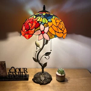Tiffany Style Table Lamp Red Orange Stained Glass Rose Flowers LED Bulbs 24”H - Picture 1 of 10