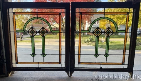 Pair of Antique 1920's Chicago Bungalow Style Stained Leaded Glass Windows 34x30 Cover