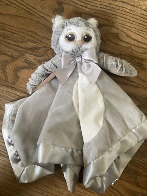 Bearington Baby Collection Gris Búho Bebé Manta de Seguridad Lovey Satén Espalda y Borde Foto 1 de 4