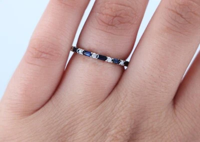 EFFY 14K White Gold Round Diamond Baguette Blue Sapphire Ring Band Size 7.25 - Image 1 of 4