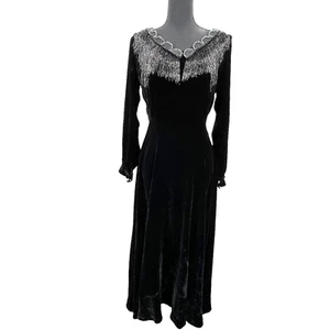 J Peterman Black Velvet Beaded Maxi Dress Holiday Formal Wedding Party Sz 4 - Picture 1 of 15