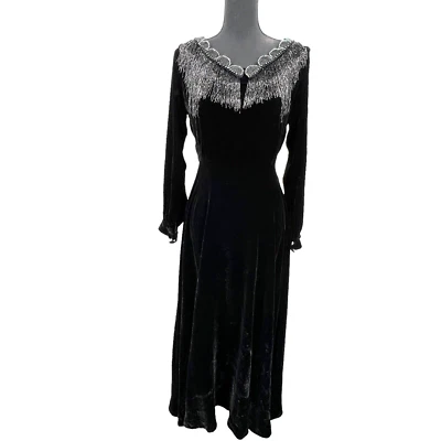 J Peterman Black Velvet Beaded Maxi Dress Holiday Formal Wedding Party Sz 4 - Image 1 of 4
