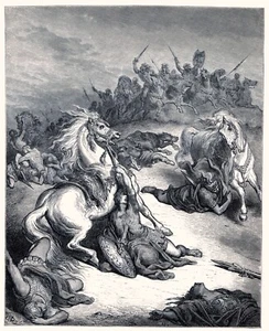 Illustrazione Bibbia MORTE DI SAULO Antico Testamento Gustave Dore 1880 stampa antica - Foto 1 di 3