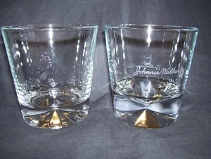 2 JOHNNIE WALKER WHISKY GLASSES. BOTH DIFFERENT. EMBOSSED LOGO. PRISM BASE. - Picture 1 of 12