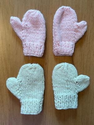 Lot of 2 New Handmade Newborn Baby Knit Mittens in Pink and Ivory - 3.5 In Long - Image 1 of 2